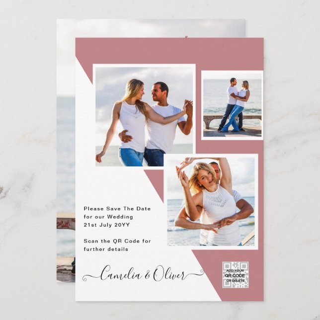 Invitación Dusty ROSA Foto Boda Invitar Código QR Guardar fec (Anverso / Reverso)