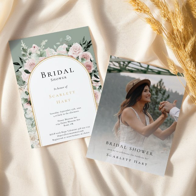 Invitación Dusty Rosa Gold Arch Sage Photo Bridal Shower (Subido por el creador)