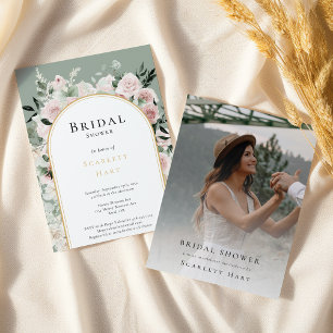 Invitación Dusty Rosa Gold Arch Sage Photo Bridal Shower