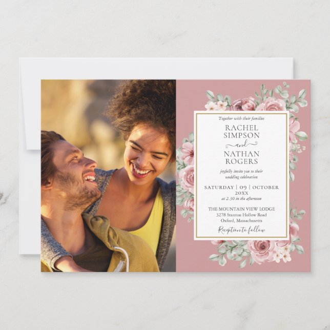 Invitación Dusty Rosa Gold Floral Photo Boda (Anverso)