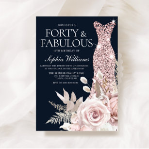 Invitación Dusty Rosa Gold Rubor Vestido Floral 40 cumpleaños