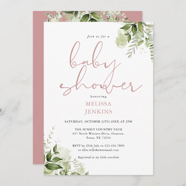 Invitación Dusty Rosa Greenery Floral Chica Baby Shower (Anverso / Reverso)