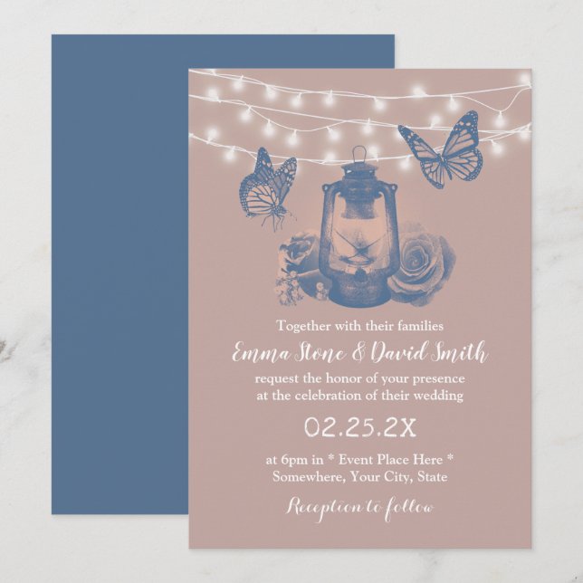 Invitación Dusty Rosa Linterna y mariposas Boda rústico (Anverso / Reverso)
