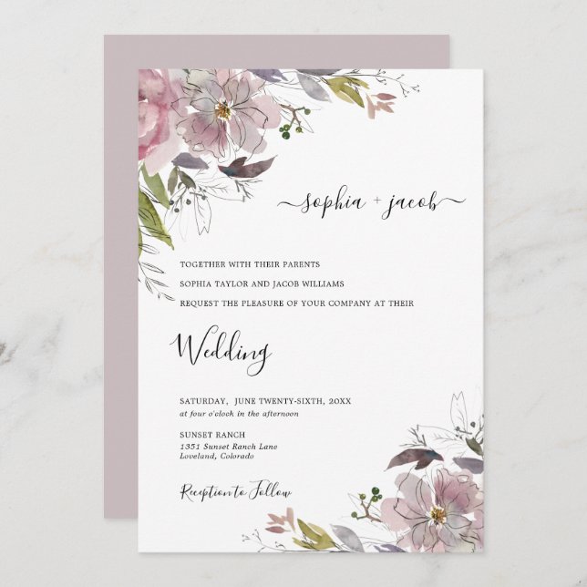 Invitación Dusty Rosa Mauve Rubor Boda Floral Rosa (Anverso / Reverso)