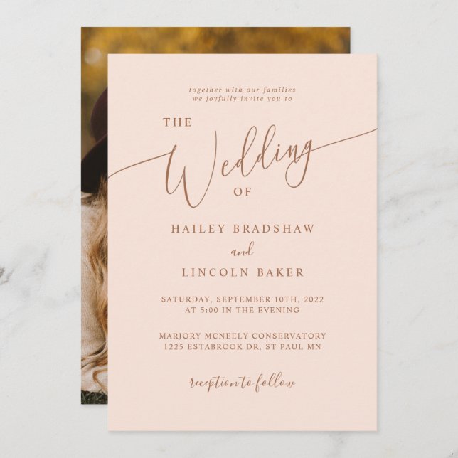 Invitación Dusty Rosa Moderno Boda de fotografía mínima (Anverso / Reverso)