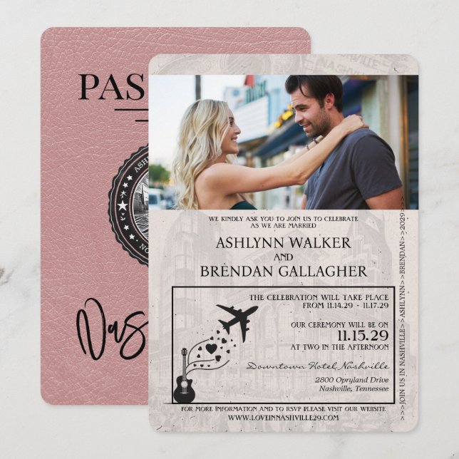 Invitación Dusty Rosa Nashville Boda de Pasaportes (Anverso / Reverso)