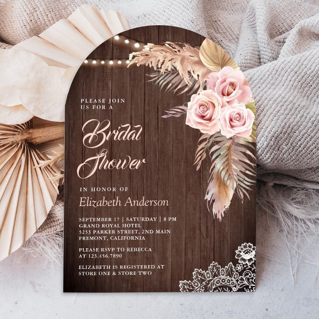 Invitación Dusty Rosa Pampas Grass Arch Wood Bridal Shower (Subido por el creador)
