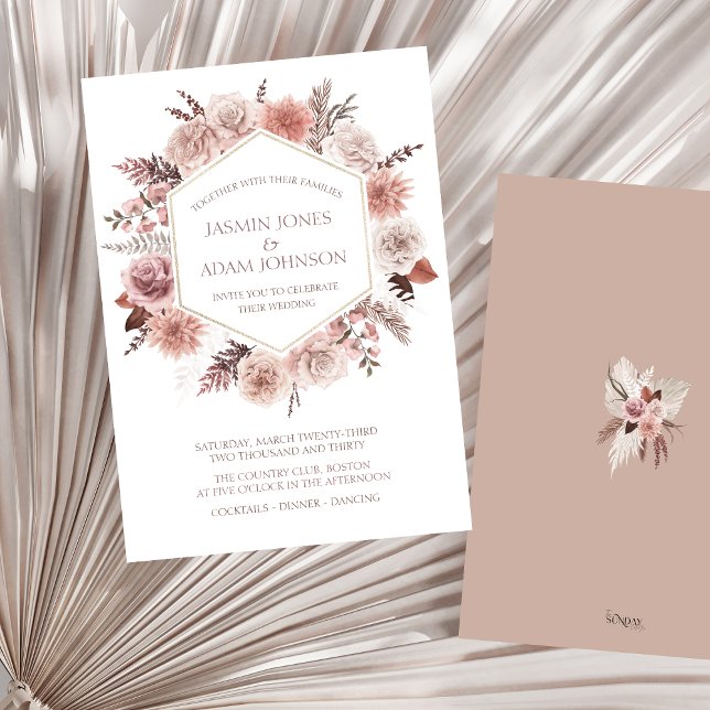 Invitación Dusty Rosa Pampas Grass Boho Boda (Boho Dusty Pink Dried Flowers Wreath Wedding Invitation)