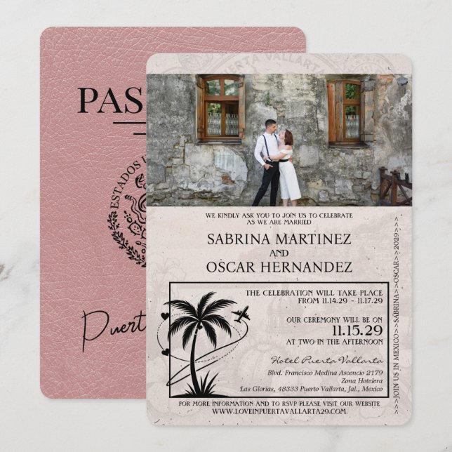 Invitación Dusty Rosa Puerta Vallarta Boda de pasaportes (Anverso / Reverso)