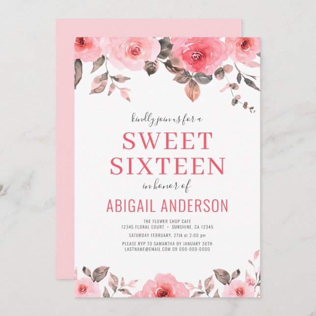 Invitación Dusty Rosa Rosa Dulce Floral Dieciséis Acuarela (Anverso / Reverso)