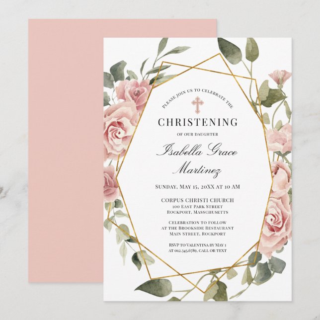 Invitación Dusty Rosa Rosa Floral Elegante Christening (Anverso / Reverso)
