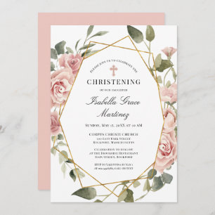 Invitación Dusty Rosa Rosa Floral Elegante Christening