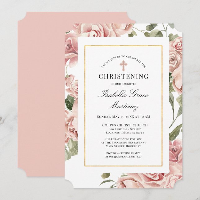 Invitación Dusty Rosa Rosa Floral Elegante Christening (Anverso / Reverso)