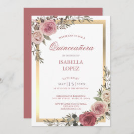 Invitación Dusty Rosa Rosa floral Gold Quinceañera