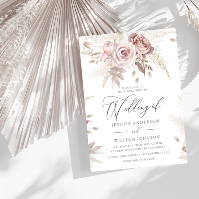 Invitación Dusty Rosa Rubor Boho Boda Floral Rosa (Subido por el creador)