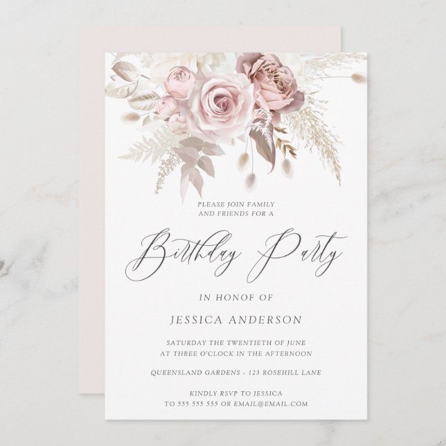 Invitación Dusty Rosa Rubor Boho Ivory Floral Birthday Party (Anverso / Reverso)