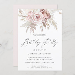 Invitación Dusty Rosa Rubor Boho Ivory Floral Birthday Party