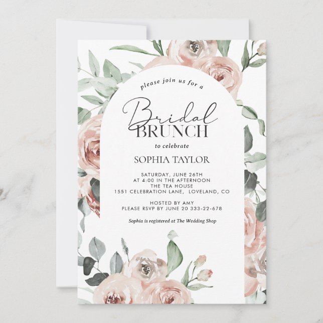 Invitación Dusty Rosa Rubor Eucalyptus Bridal Brunch (Anverso)