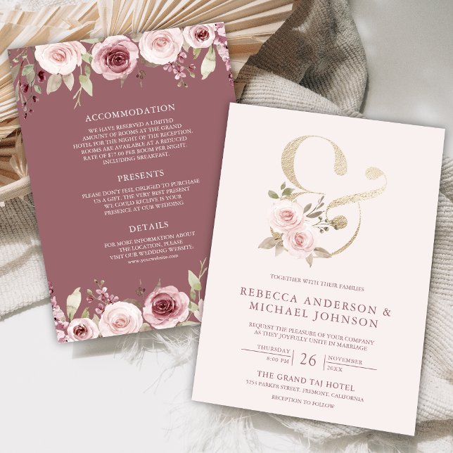 Invitación Dusty Rosa Rubor Floral Ampersand Boda (Subido por el creador)
