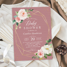 Invitación Dusty Rosa Rubor Floral Gold Geométrico Baby Showe