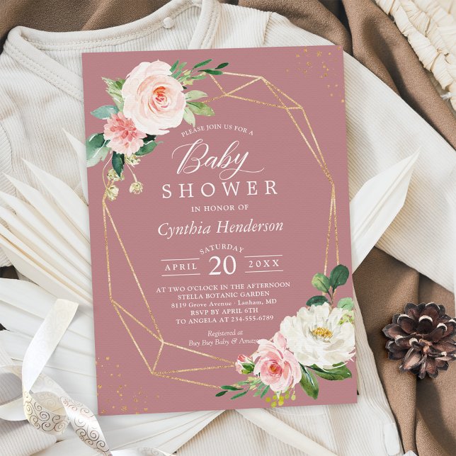 Invitación Dusty Rosa Rubor Floral Gold Geométrico Baby Showe (Subido por el creador)