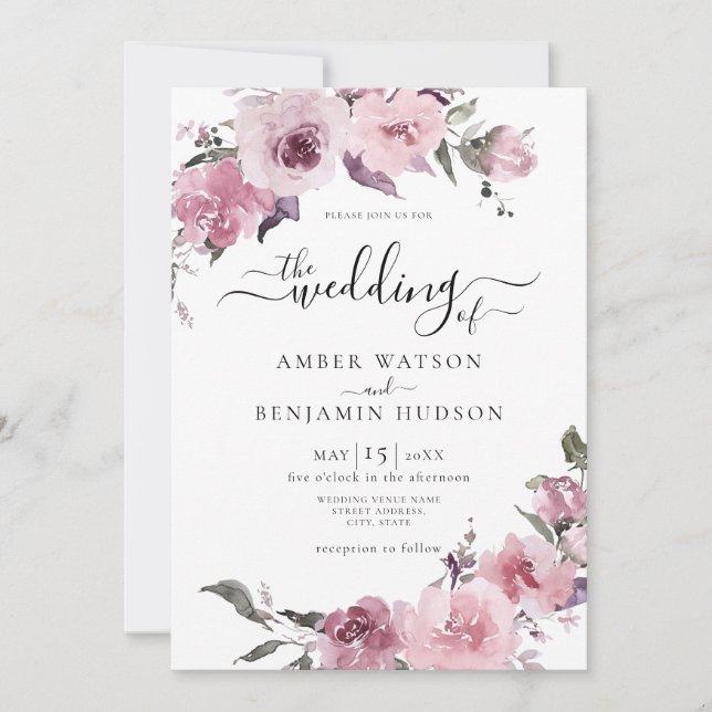 Invitación Dusty Rosa Rubor Mauve Lilac Boda Floral (Anverso)