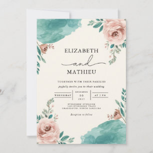 Invitación Dusty Rosa Verde azulado Boda Floral Flourish