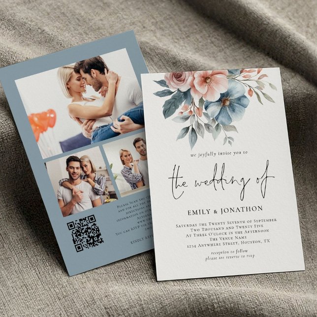 Invitación Dusty Rosa y Blue Florals 3 fotos Boda de código Q (front and back view)