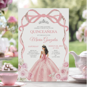 Invitación Dusty rosado Bow Princesa Plata Corona Quinceañera