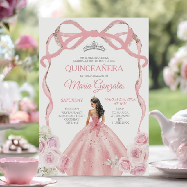 Invitación Dusty rosado Bow Princesa Plata Corona Quinceañera (Subido por el creador)