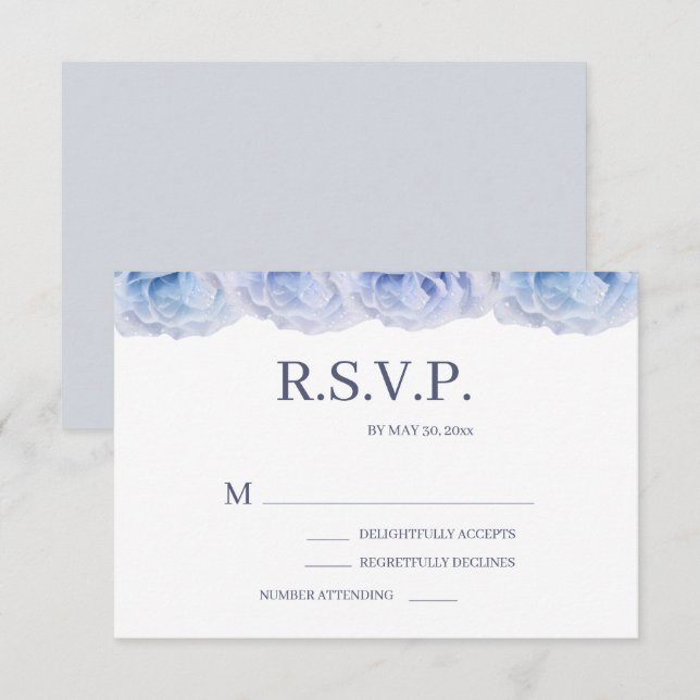 Invitación Dusty Rosas azules Boda floral elegante blanca RSV (Anverso / Reverso)