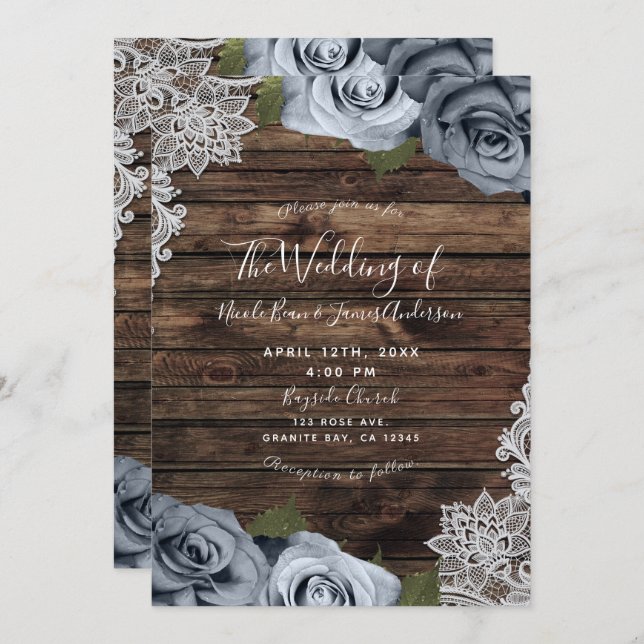 Invitación Dusty Rosas florales azules Boda de madera y encaj (Anverso / Reverso)