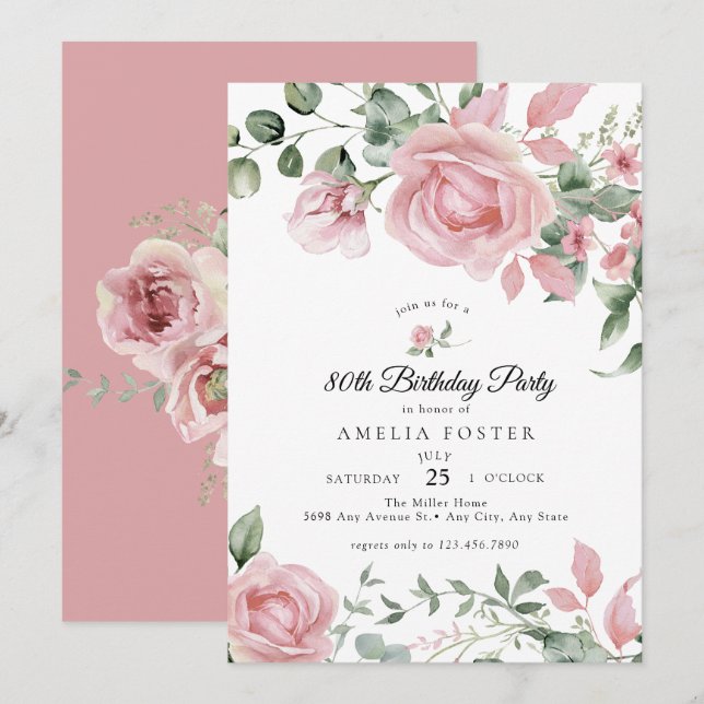 Invitación Dusty Rosas Florales Rosa Cumpleaños (Anverso / Reverso)