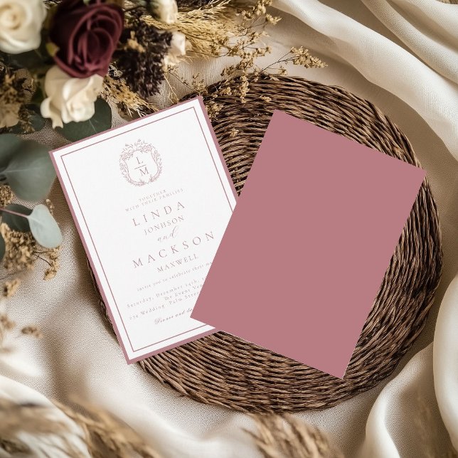 Invitación Dusty Rose botanical crest monogram wedding (Subido por el creador)
