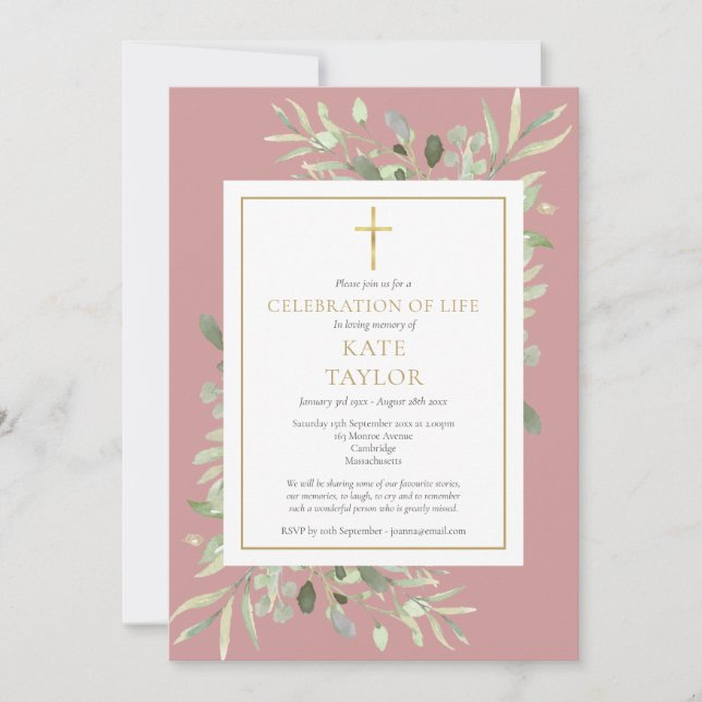 Invitación Dusty Rose Celebración de la Vida Funeral (Anverso)