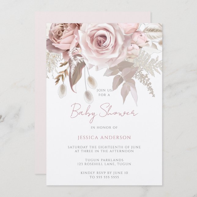 Invitación Dusty Rose Champagne Brillo Rubor Baby Shower (Anverso / Reverso)