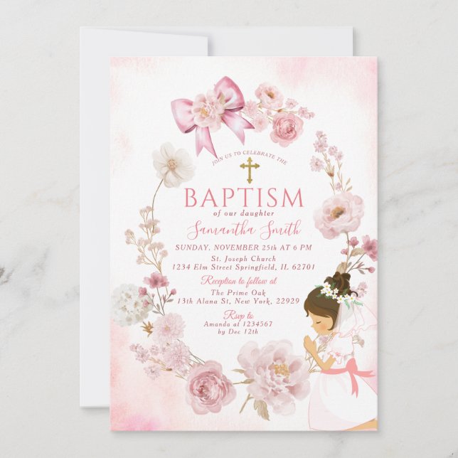 Invitación Dusty Rose Dreamy Floral Frame Cross Baptism (Anverso)