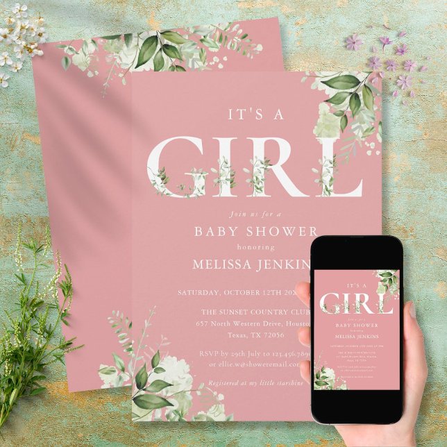 Invitación Dusty Rose Es Una Niña Verde Carta Baby Shower (Subido por el creador)