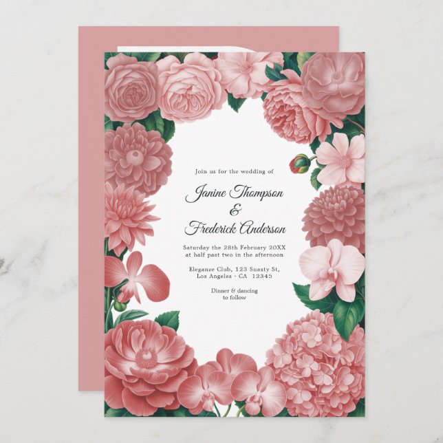 Invitación Dusty Rose Floral Photo and QR Code Wedding (Anverso / Reverso)