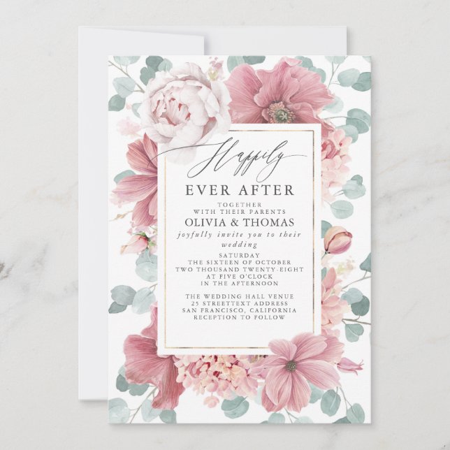 Invitación Dusty Rose Flowers Happily Ever After Wedding (Anverso)