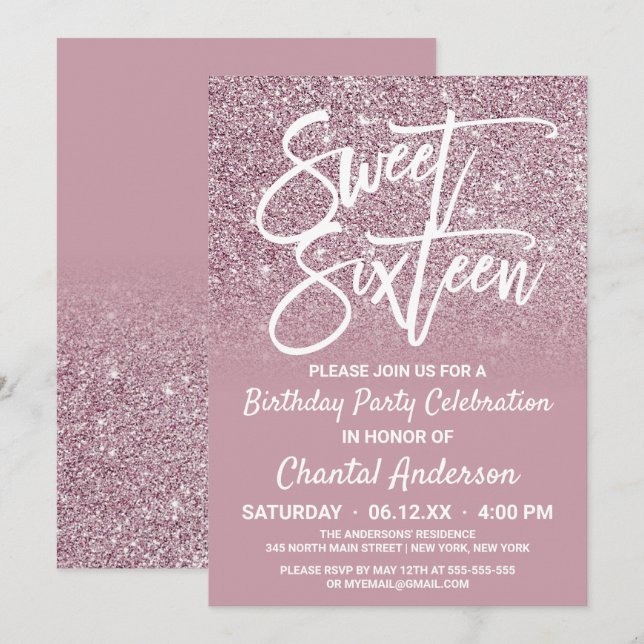 Invitación Dusty Rose Gold Pink Glitter Ombre Sweet Sixteen (Anverso / Reverso)