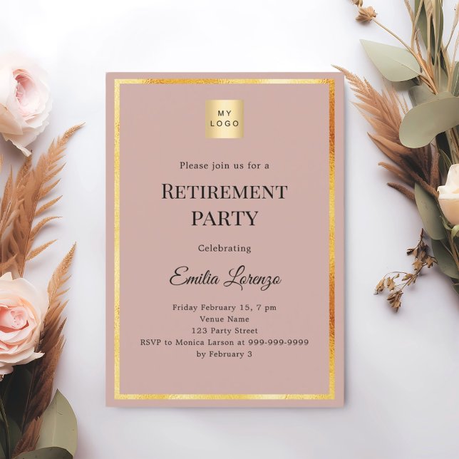 Invitación Dusty rose gold retirement party business logo (Subido por el creador)