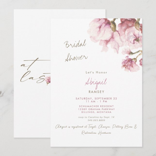 Invitación Dusty Rose Magnolia Flores Despedida de Soltera   (Anverso / Reverso)
