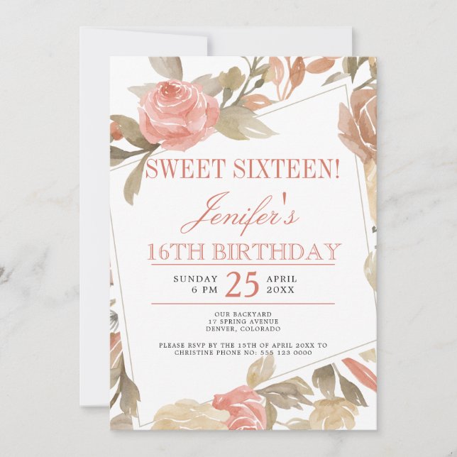 Invitación Dusty Rose Melocotón Crema Floral Dulces Dieciséis (Anverso)
