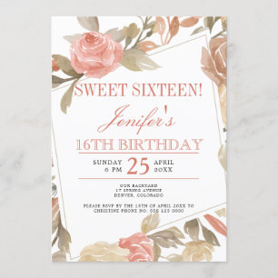 Invitación Dusty Rose Melocotón Crema Floral Dulces Dieciséis