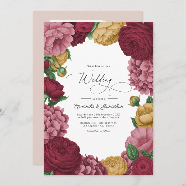 Invitación Dusty Rose, Merlot & Antique Gold Floral Wedding (Anverso / Reverso)