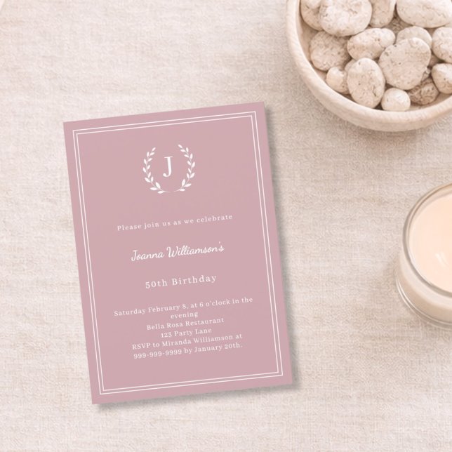 Invitación Dusty rose monogrammed wreath minimalist birthday (Subido por el creador)