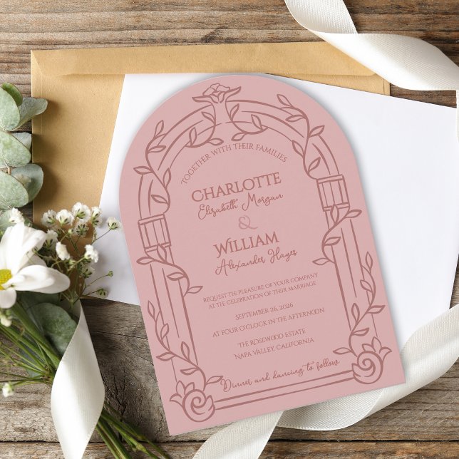Invitación Dusty Rose Ornate Arch Botanical Wedding (Dusty Rose Ornate Arch Botanical Wedding Invitation | Romantic Garden Estate Wedding Invite)