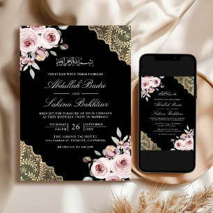 Invitación Dusty Rose Oro Encaje Código QR Boda Musulmana Neg