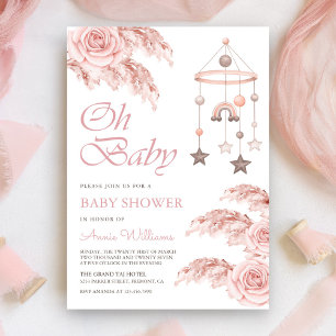 Invitación Dusty Rose Pampas Boho Cumple de Bebé Arcoíris